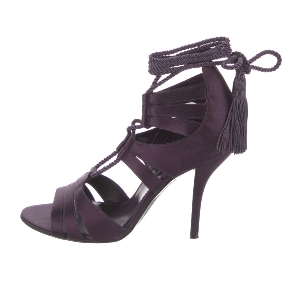 Sergio Rossi purple satin tassel ankle wrap stiletto heels sandals 7.5